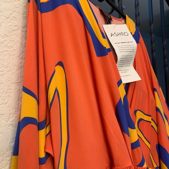 NWT - Size 14 Ashro Peach/Orangey Blue Gold Multi  Tawni Faux Wrap Dress - Picture 3 of 4